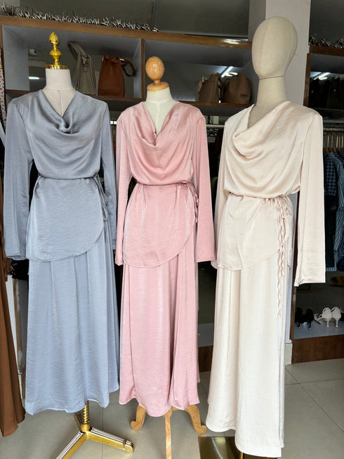 High Quality Elgant Ladies Cowl Neck Waist Tie Tops With Long skirts